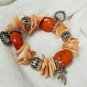 B673 Marbled Stone&Chipped Shell Stretch Bracelet